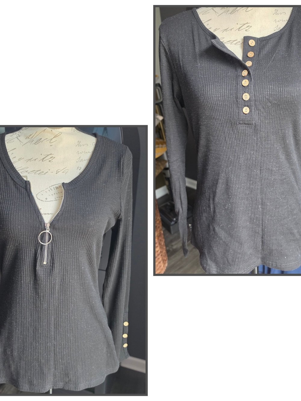 Women’s 2 Black Ribbed Long-Sleeve Henley Tops with Zip and Button Details